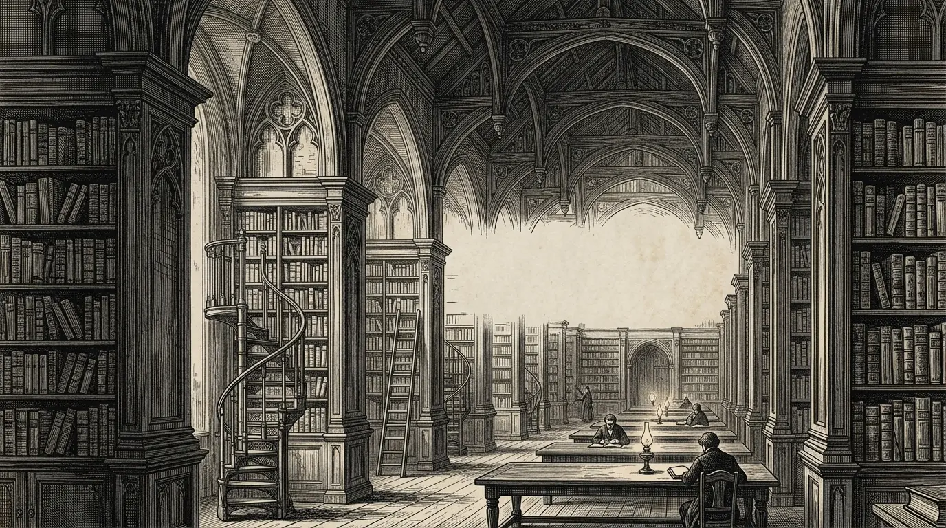 Engraving of a vaulted library reading room with readers at lamplit tables
